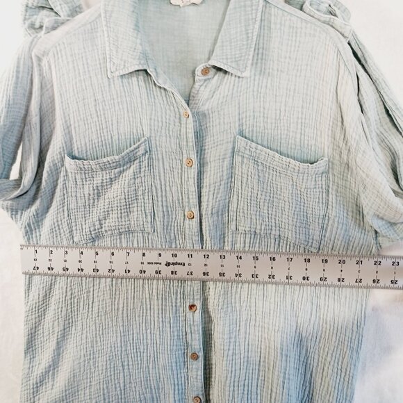 Easel, Oversize, Long, Button Down Shirt, Soft 100% Cotton, Pockets, Lt. Teal, M - Picture 12 of 16